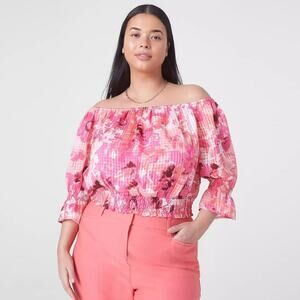 NWT Lane Bryant Plus Size 18/20 Pink Floral Off Shoulder Smocked Crop Top